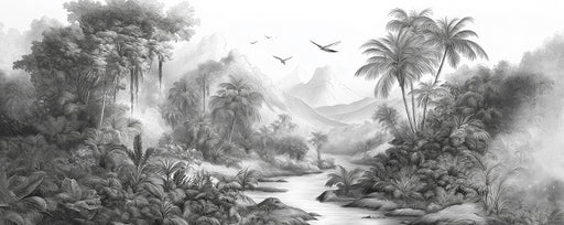 Monochrome Jungle River Mural Wallpaper — Hand-Drawn Tropical Scene
