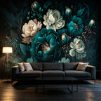 Vintage dark green and blue peony flower wallpaper mural