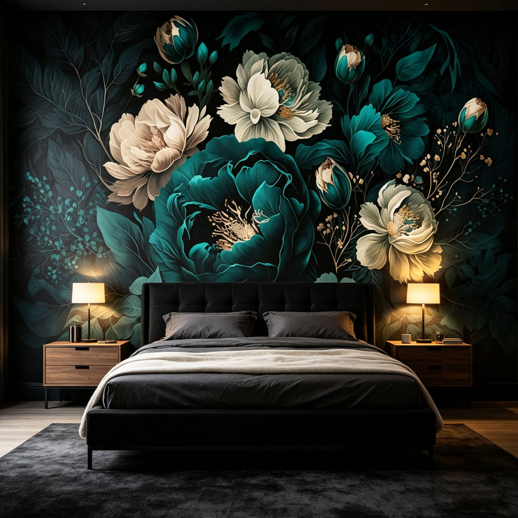Vintage dark green and blue peony flower wallpaper mural