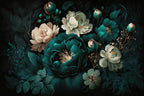 Vintage dark green and blue peony flower wallpaper mural