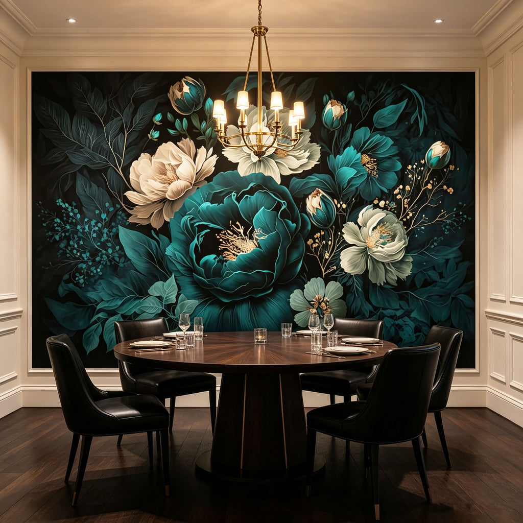 Vintage dark green and blue peony flower wallpaper mural