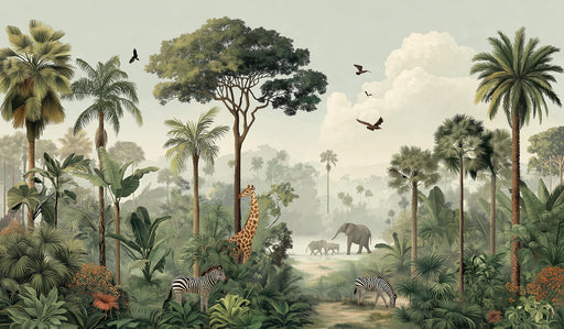 Vintage Tropical Safari Mural Wallpaper — Muted Jungle Landscape